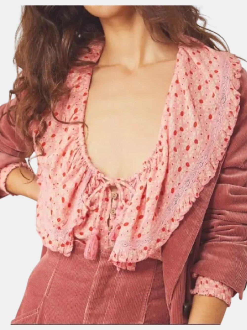NWOT FREE PEOPLE SUNRISE PRINTED RUFFLE TUNIC TOP PINK POLKA DOT BOHO SIZE XL